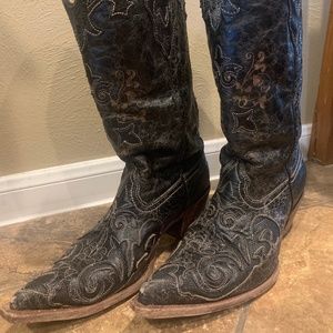 Corral Western Boot Black Vintage Lizard Overlay X Toe C2108 Women’s 8M
